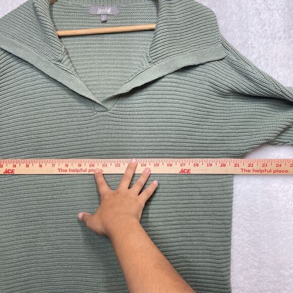 Marled Reunited Clothing Women's Size L Chunky Knit Green Sweater Collared VNeck - Picture 3 of 9